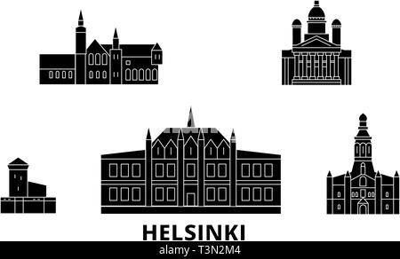 Finnland, Helsinki Flachbild reisen Skyline. Finnland, Helsinki schwarz Stadt Vektor-illustration, Symbol, Reisen, Sehenswürdigkeiten, Wahrzeichen. Stock Vektor