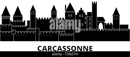 Frankreich, Carcassonne Wahrzeichen Flachbild reisen Skyline. Frankreich, Carcassonne schwarz Sehenswürdigkeit Stadt Vektor-illustration, Symbol, Reisen, Sehenswürdigkeiten, Wahrzeichen. Stock Vektor