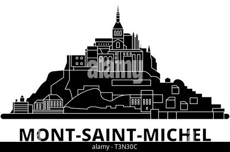 Frankreich, Mont Saint Michel und seine Bucht flach Reisen Skyline. Frankreich, Mont Saint Michel und seine Bucht schwarz Stadt Vektor-illustration, Symbol, Reisen Stock Vektor
