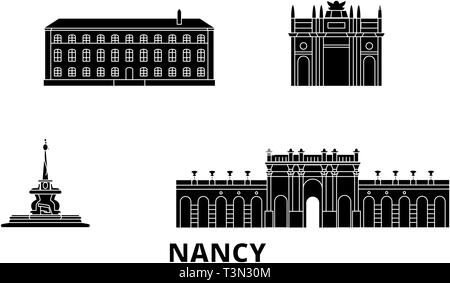 Frankreich, Nancy Flachbild reisen Skyline. Frankreich, Nancy schwarz Stadt Vektor-illustration, Symbol, Reisen, Sehenswürdigkeiten, Wahrzeichen. Stock Vektor