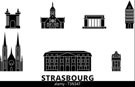 Frankreich, Straßburg Flachbild reisen Skyline. Frankreich, Straßburg schwarz Stadt Vektor-illustration, Symbol, Reisen, Sehenswürdigkeiten, Wahrzeichen. Stock Vektor