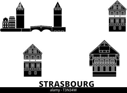 Frankreich, Straßburg City Wohnung reisen Skyline. Frankreich, die Stadt Straßburg schwarz Stadt Vektor-illustration, Symbol, Reisen, Sehenswürdigkeiten, Wahrzeichen. Stock Vektor