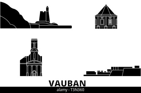 Frankreich, Vauban Flachbild reisen Skyline. Frankreich, Vauban schwarz Stadt Vektor-illustration, Symbol, Reisen, Sehenswürdigkeiten, Wahrzeichen. Stock Vektor