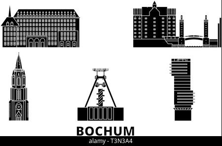 Deutschland, Bochum Flachbild reisen Skyline. Deutschland, Bochum schwarz Stadt Vektor-illustration, Symbol, Reisen, Sehenswürdigkeiten, Wahrzeichen. Stock Vektor