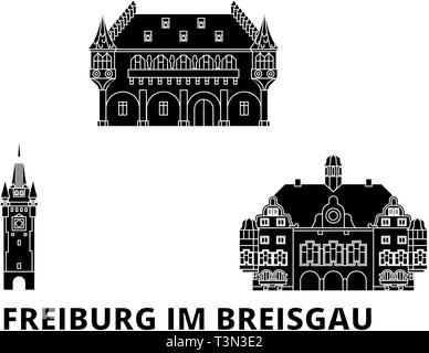 Deutschland, Freiburg im Breisgau Flachbild reisen Skyline. Deutschland, Freiburg im Breisgau schwarz Stadt Vektor-illustration, Symbol, Reisen, Sehenswürdigkeiten, Wahrzeichen. Stock Vektor