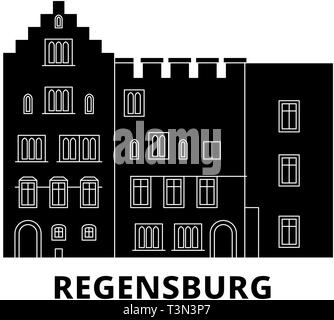 Deutschland, Regensburg Wohnung reisen Skyline. Deutschland, Regensburg schwarz Stadt Vektor-illustration, Symbol, Reisen, Sehenswürdigkeiten, Wahrzeichen. Stock Vektor