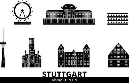 Deutschland, Stuttgart Flachbild reisen Skyline. Deutschland, Stuttgart schwarz Stadt Vektor-illustration, Symbol, Reisen, Sehenswürdigkeiten, Wahrzeichen. Stock Vektor