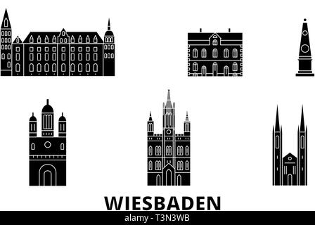 Deutschland, Wiesbaden Flachbild reisen Skyline. Deutschland, Wiesbaden schwarz Stadt Vektor-illustration, Symbol, Reisen, Sehenswürdigkeiten, Wahrzeichen. Stock Vektor