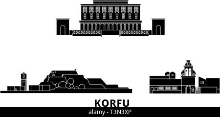 Griechenland, Korfu Flachbild reisen Skyline. Griechenland, Korfu schwarz Stadt Vektor-illustration, Symbol, Reisen, Sehenswürdigkeiten, Wahrzeichen. Stock Vektor