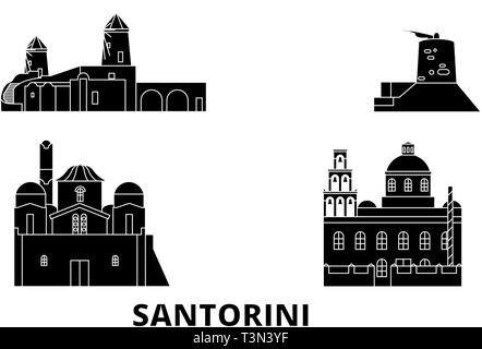 Griechenland, Santorini Flachbild reisen Skyline. Griechenland, Santorini schwarz Stadt Vektor-illustration, Symbol, Reisen, Sehenswürdigkeiten, Wahrzeichen. Stock Vektor