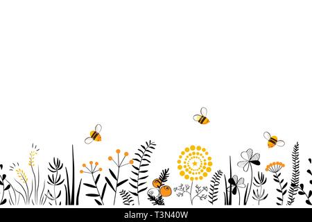 Vector Art nahtlose Hintergrund mit Hand gezeichnet wilden Kräutern, Blumen und Blätter auf Weiß. Doodle Art floral Abbildung Stock Vektor