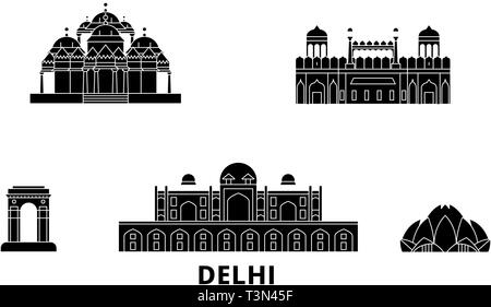 Indien, Delhi Flachbild reisen Skyline. Indien, Delhi schwarz Stadt Vektor-illustration, Symbol, Reisen, Sehenswürdigkeiten, Wahrzeichen. Stock Vektor