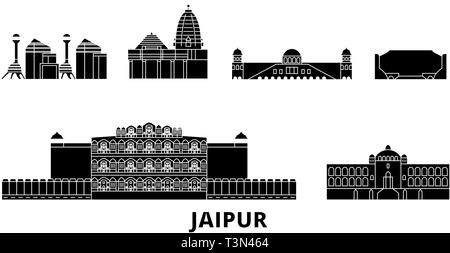 Indien, Jaipur Flachbild reisen Skyline. Indien, Jaipur schwarz Stadt Vektor-illustration, Symbol, Reisen, Sehenswürdigkeiten, Wahrzeichen. Stock Vektor
