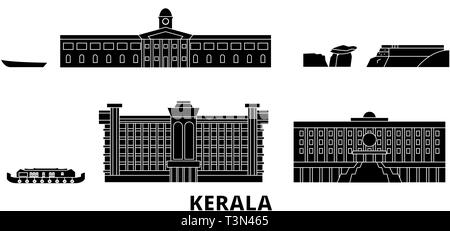 Indien, Kerala Flachbild reisen Skyline. Indien, Kerala schwarz Stadt Vektor-illustration, Symbol, Reisen, Sehenswürdigkeiten, Wahrzeichen. Stock Vektor