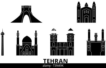 Iran, Teheran Flachbild reisen Skyline. Iran, Teheran schwarz Stadt Vektor-illustration, Symbol, Reisen, Sehenswürdigkeiten, Wahrzeichen. Stock Vektor