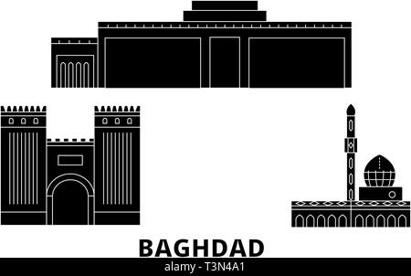 Irak, Bagdad City Wohnung reisen Skyline. Irak, Bagdad City schwarz Stadt Vektor-illustration, Symbol, Reisen, Sehenswürdigkeiten, Wahrzeichen. Stock Vektor