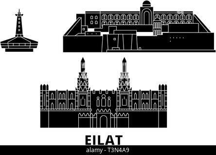 Israel, Eilat Flachbild reisen Skyline. Israel, Eilat schwarz Stadt Vektor-illustration, Symbol, Reisen, Sehenswürdigkeiten, Wahrzeichen. Stock Vektor