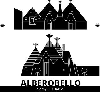 Italien, Alberobello Flachbild reisen Skyline. Italien, Alberobello schwarz Stadt Vektor-illustration, Symbol, Reisen, Sehenswürdigkeiten, Wahrzeichen. Stock Vektor