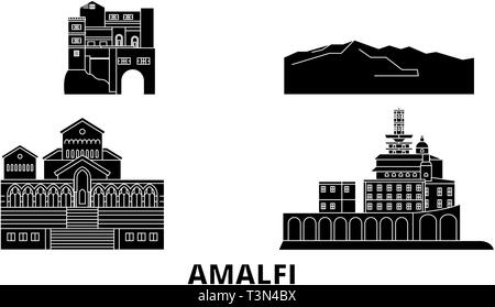 Italien, Amalfi flat Reisen Skyline. Italien, Amalfi schwarz Stadt Vektor-illustration, Symbol, Reisen, Sehenswürdigkeiten, Wahrzeichen. Stock Vektor