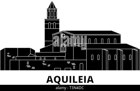 Italien, Aquileia Flachbild reisen Skyline. Italien, Aquileia schwarz Stadt Vektor-illustration, Symbol, Reisen, Sehenswürdigkeiten, Wahrzeichen. Stock Vektor