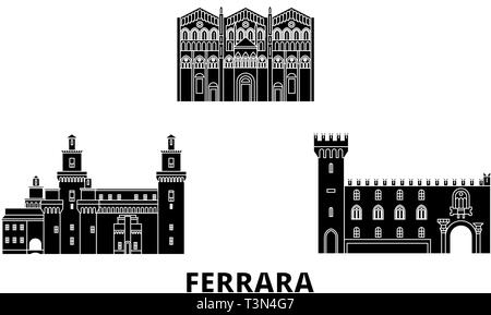Italien, Ferrara Flachbild reisen Skyline. Italien, Ferrara schwarz Stadt Vektor-illustration, Symbol, Reisen, Sehenswürdigkeiten, Wahrzeichen. Stock Vektor