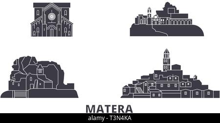 Italien, Matera Flachbild reisen Skyline. Italien, Matera schwarz Stadt Vektor-illustration, Symbol, Reisen, Sehenswürdigkeiten, Wahrzeichen. Stock Vektor