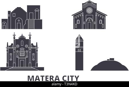 Italien, Matera City Wohnung reisen Skyline. Italien, Matera Stadt schwarz Stadt Vektor-illustration, Symbol, Reisen, Sehenswürdigkeiten, Wahrzeichen. Stock Vektor