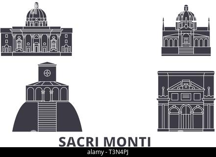 Italien, Piemont und der Lombardei, Sacri Monti Flachbild reisen Skyline. Italien, Piemont und der Lombardei, Sacri Monti schwarz Stadt Vektor-illustration, Symbol Stock Vektor