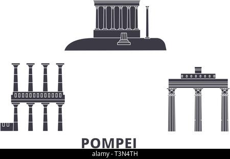 Italien, Pompeji Flachbild reisen Skyline. Italien, Pompeji schwarz Stadt Vektor-illustration, Symbol, Reisen, Sehenswürdigkeiten, Wahrzeichen. Stock Vektor