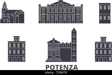 Italien, Potenza Flachbild reisen Skyline. Italien, Potenza schwarz Stadt Vektor-illustration, Symbol, Reisen, Sehenswürdigkeiten, Wahrzeichen. Stock Vektor