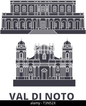 Italien, Val di Noto Flachbild reisen Skyline. Italien, Val di Noto schwarz Stadt Vektor-illustration, Symbol, Reisen, Sehenswürdigkeiten, Wahrzeichen. Stock Vektor