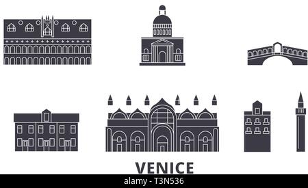 Italien, Venedig wohnung Reisen Skyline. Italien, Venedig schwarz Stadt Vektor-illustration, Symbol, Reisen, Sehenswürdigkeiten, Wahrzeichen. Stock Vektor
