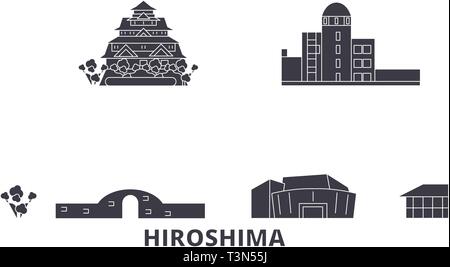 Japan, Hiroshima Flachbild reisen Skyline. Japan, Hiroshima schwarz Stadt Vektor-illustration, Symbol, Reisen, Sehenswürdigkeiten, Wahrzeichen. Stock Vektor