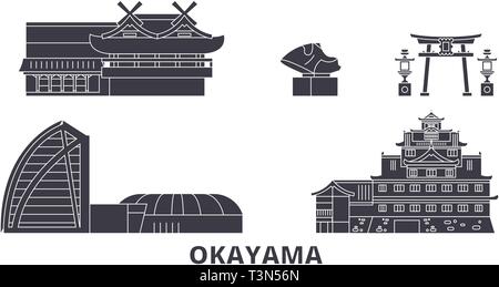 Japan, Okayama Flachbild reisen Skyline. Japan, Okayama schwarz Stadt Vektor-illustration, Symbol, Reisen, Sehenswürdigkeiten, Wahrzeichen. Stock Vektor