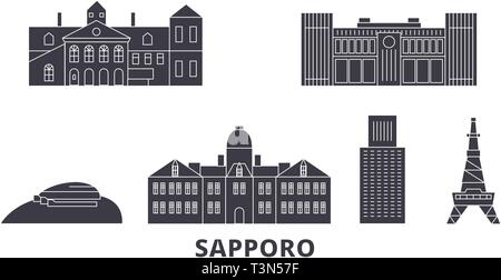 Japan, Sapporo Flachbild reisen Skyline. Japan, Sapporo schwarz Stadt Vektor-illustration, Symbol, Reisen, Sehenswürdigkeiten, Wahrzeichen. Stock Vektor