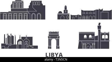 Libyen Flachbild reisen Skyline. Libyen schwarz Stadt Vektor-illustration, Symbol, Reisen, Sehenswürdigkeiten, Wahrzeichen. Stock Vektor