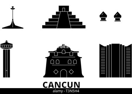 Mexiko, Cancun Flachbild reisen Skyline. Mexiko, Cancun schwarz Stadt Vektor-illustration, Symbol, Reisen, Sehenswürdigkeiten, Wahrzeichen. Stock Vektor