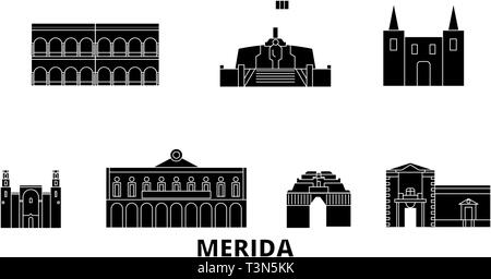 Mexiko, Merida Flachbild reisen Skyline. Mexiko, Merida schwarz Stadt Vektor-illustration, Symbol, Reisen, Sehenswürdigkeiten, Wahrzeichen. Stock Vektor