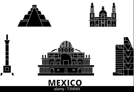 Mexiko, Mexico City Wohnung reisen Skyline. Mexiko, Mexico City schwarz Stadt Vektor-illustration, Symbol, Reisen, Sehenswürdigkeiten, Wahrzeichen. Stock Vektor