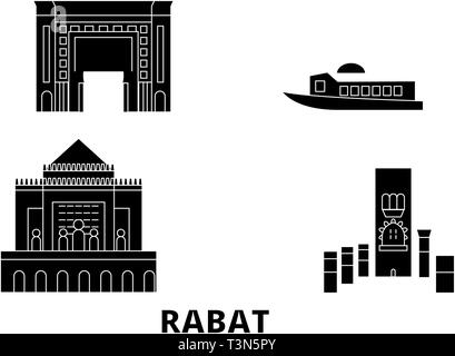 Marokko, Rabat Flachbild reisen Skyline. Marokko, Rabat schwarz Stadt Vektor-illustration, Symbol, Reisen, Sehenswürdigkeiten, Wahrzeichen. Stock Vektor