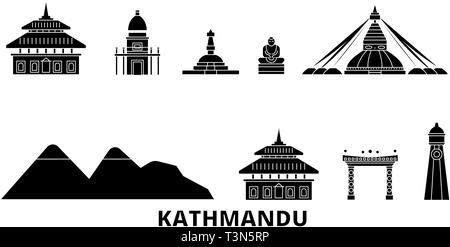 Nepal, Kathmandu Flachbild reisen Skyline. Nepal, Kathmandu schwarz Stadt Vektor-illustration, Symbol, Reisen, Sehenswürdigkeiten, Wahrzeichen. Stock Vektor