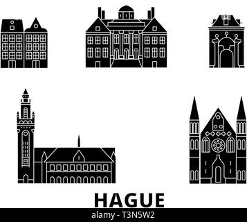 Niederlande, Den Haag Flachbild reisen Skyline. Niederlande, Den Haag schwarz Stadt Vektor-illustration, Symbol, Reisen, Sehenswürdigkeiten, Wahrzeichen. Stock Vektor