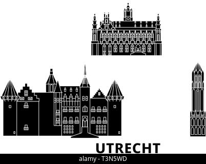 Niederlande, Utrecht Flachbild reisen Skyline. Niederlande, Utrecht schwarz Stadt Vektor-illustration, Symbol, Reisen, Sehenswürdigkeiten, Wahrzeichen. Stock Vektor