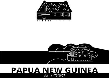 Papua-neuguinea Flachbild reisen Skyline. Papua-neuguinea schwarz Stadt Vektor-illustration, Symbol, Reisen, Sehenswürdigkeiten, Wahrzeichen. Stock Vektor