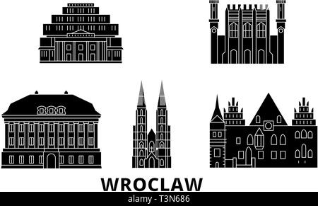 Polen, Breslau Flachbild reisen Skyline. Polen, Breslau schwarz Stadt Vektor-illustration, Symbol, Reisen, Sehenswürdigkeiten, Wahrzeichen. Stock Vektor