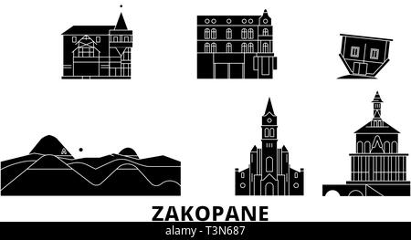 Polen, Zakopane Flachbild reisen Skyline. Polen, Zakopane schwarze Stadt Vektor-illustration, Symbol, Reisen, Sehenswürdigkeiten, Wahrzeichen. Stock Vektor