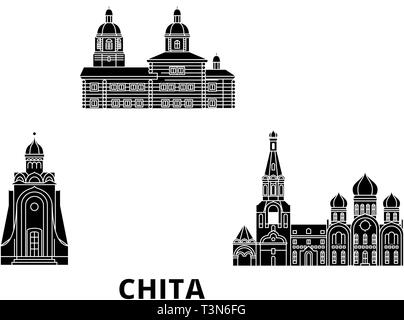 Russland, Chita Flachbild reisen Skyline. Russland, Chita schwarz Stadt Vektor-illustration, Symbol, Reisen, Sehenswürdigkeiten, Wahrzeichen. Stock Vektor