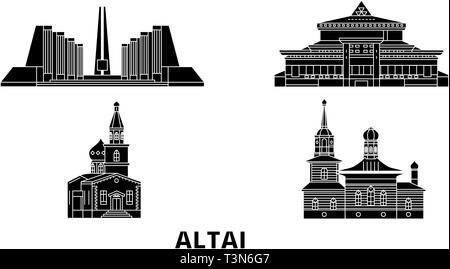 Russland, Gorno Altaysk Flachbild reisen Skyline. Russland, Gorno Altaysk schwarz Stadt Vektor-illustration, Symbol, Reisen, Sehenswürdigkeiten, Wahrzeichen. Stock Vektor