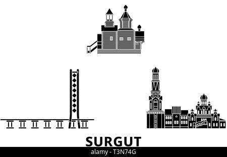 Russland, Surgut Flachbild reisen Skyline. Russland, Surgut schwarz Stadt Vektor-illustration, Symbol, Reisen, Sehenswürdigkeiten, Wahrzeichen. Stock Vektor