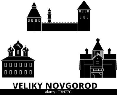 Russland, Veliki Nowgorod Flachbild reisen Skyline. Russland, Veliki Nowgorod schwarz Stadt Vektor-illustration, Symbol, Reisen, Sehenswürdigkeiten, Wahrzeichen. Stock Vektor